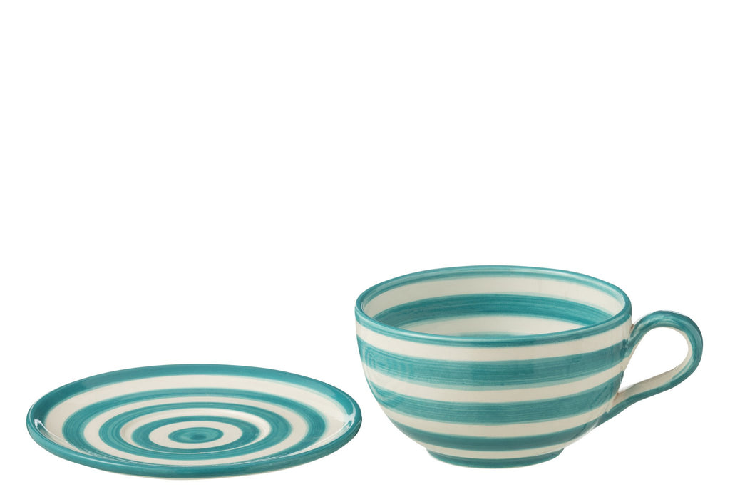 J-Line kopje + schoteltje Granada Stripes - keramiek - wit/aqua