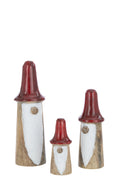 J-Line decoratie Kabouter Paddenstoel - hout - naturel/rood - 3 stuks