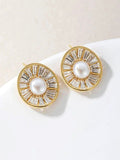 Vergulde AD-vormige studs met studs en parels en kralen – oorknopjes – goudkleurig, Amerikaanse diamant – 1,5 x 1,3 cm