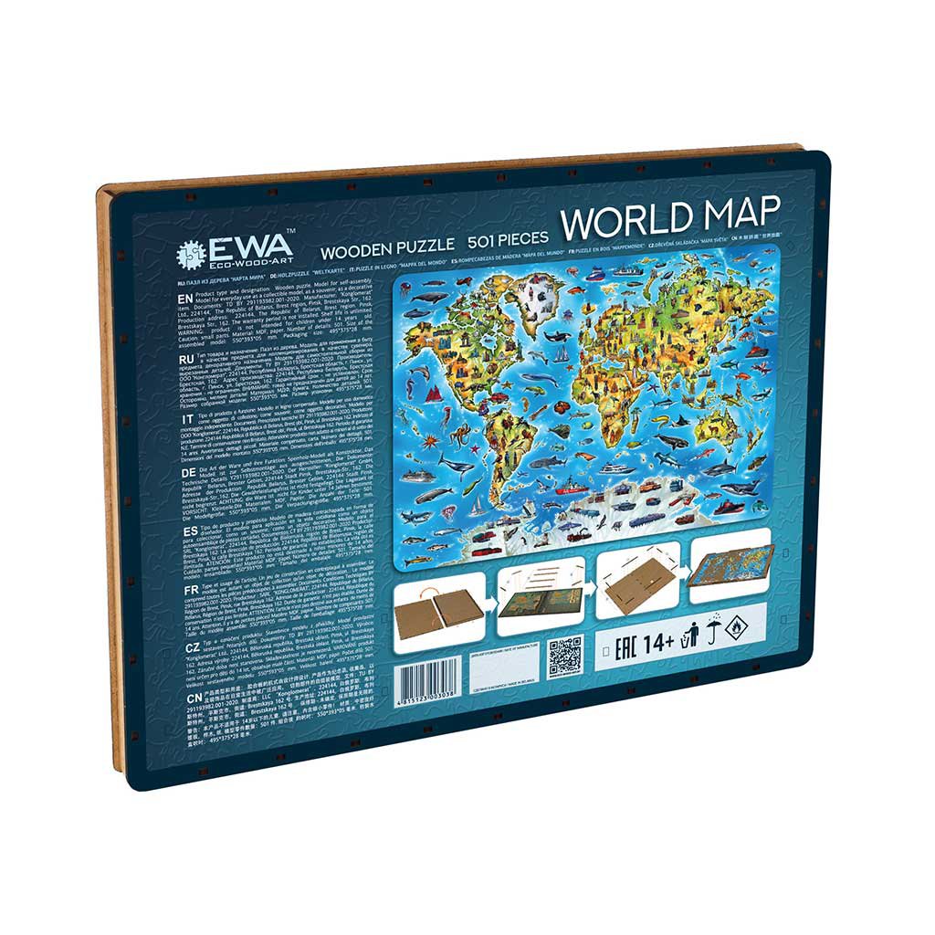 Eco Wood Art (EWA) Houten Legpuzzel World Map in kleur, 3038, 55x39x0,5cm
