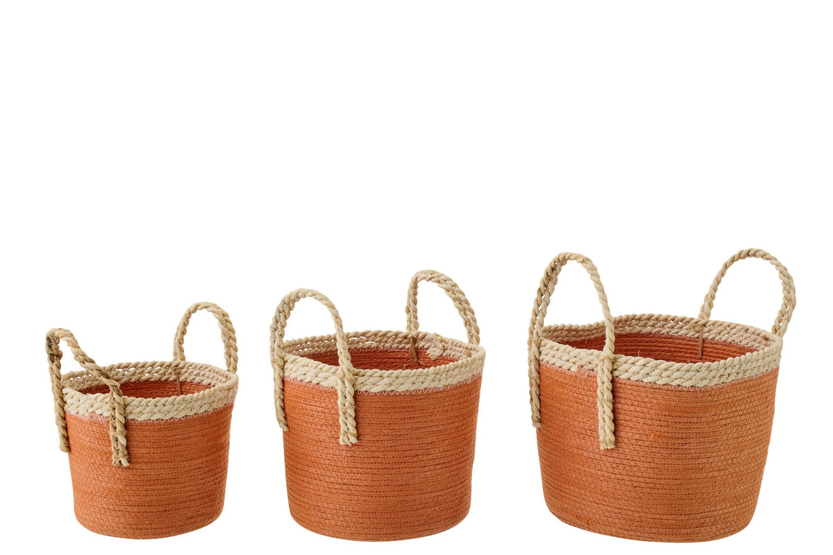 J-Line mand met handvatten - papier - naturel/donkeroranje - set van 3