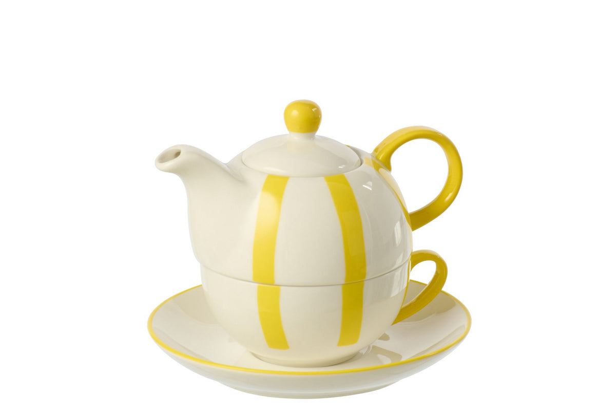 J-Line theepot Gestreept - keramiek - geel/wit