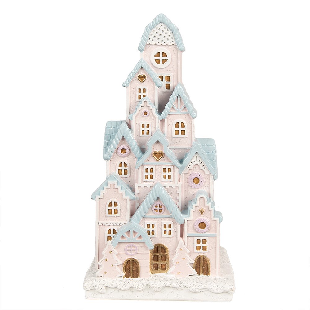 Gingerbread house met LED 13x13x26 cm Roze Polyresin Peperkoekhuisje