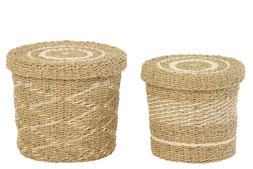 J-Line mand + deksel - ijzer/papier - wit/naturel - set van 2