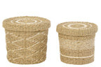 J-Line mand + deksel - ijzer/papier - wit/naturel - set van 2