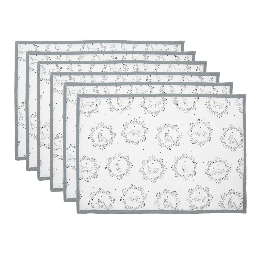 Placemats Set van 6 48x33 cm Wit Grijs Katoen Kat