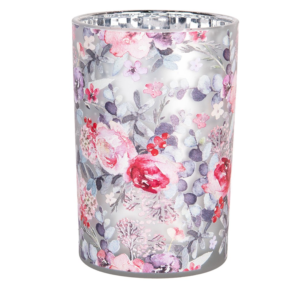 Theelichthouder Ø 12x18 cm Grijs Roze Glas Bloemen