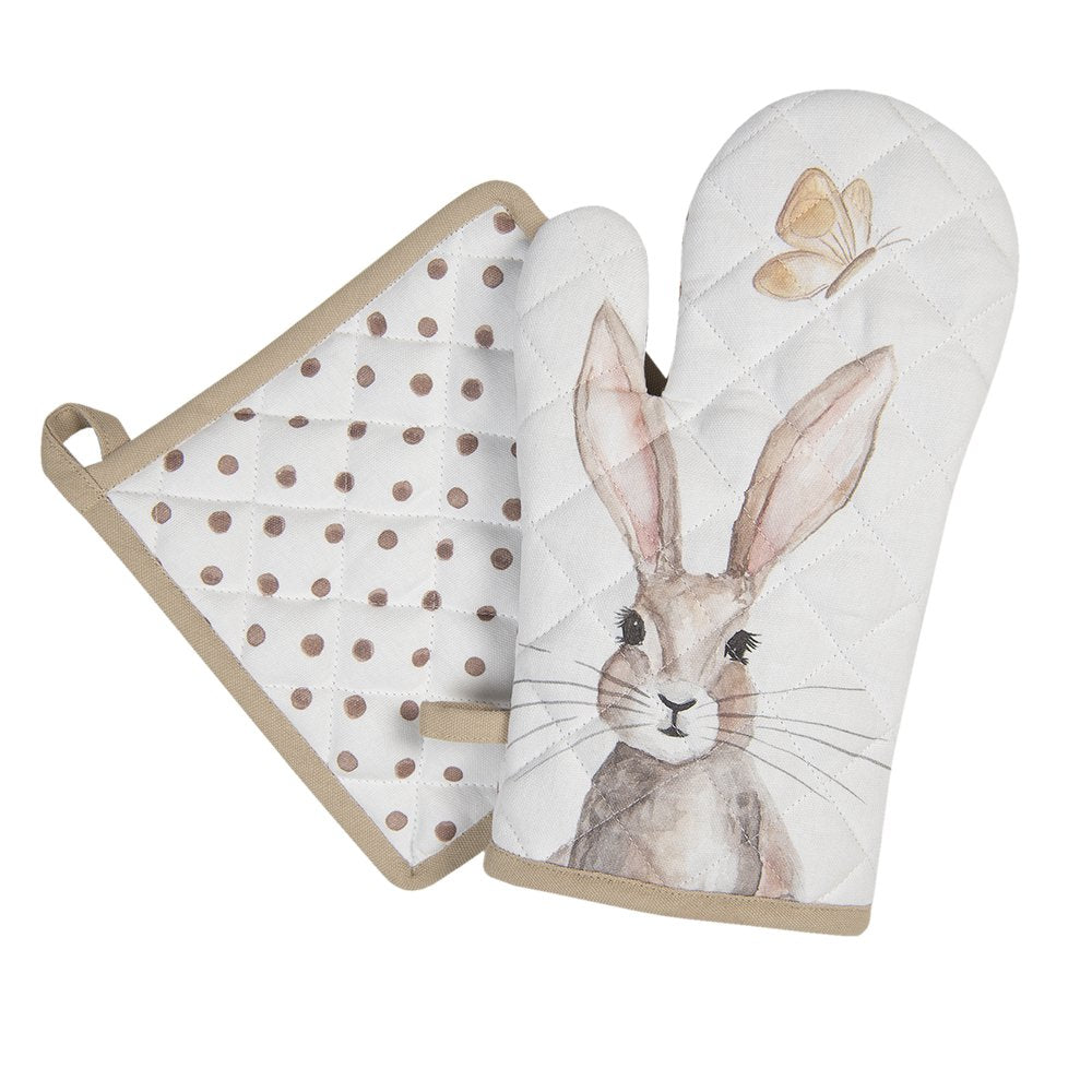 Ovenwant 18x30 cm Wit Bruin Katoen Konijn Ovenhandschoen