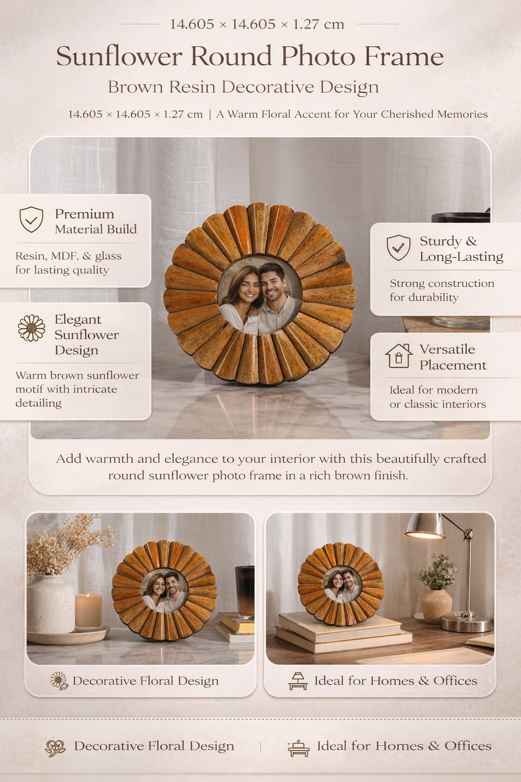 Zonnebloem ronde fotolijst - bruin - decoratief ontwerp
