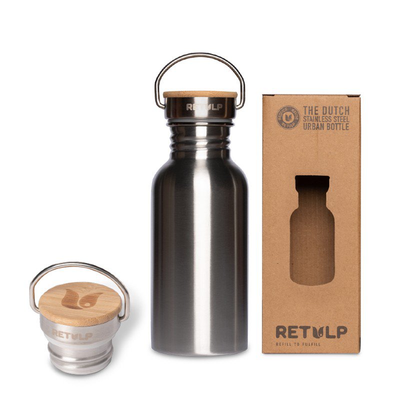 RVS drinkfles bamboe dop 500 ml steel