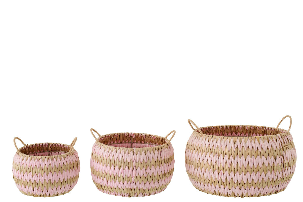 J-Line mand met handvatten - papier - naturel/lichtroze - set van 3