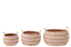 J-Line mand met handvatten - papier - naturel/lichtroze - set van 3