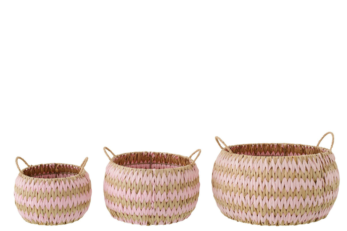 J-Line mand met handvatten - papier - naturel/lichtroze - set van 3