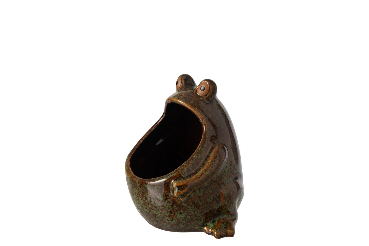 J-Line bloempot Kikker - steengoed - groen/bruin - small