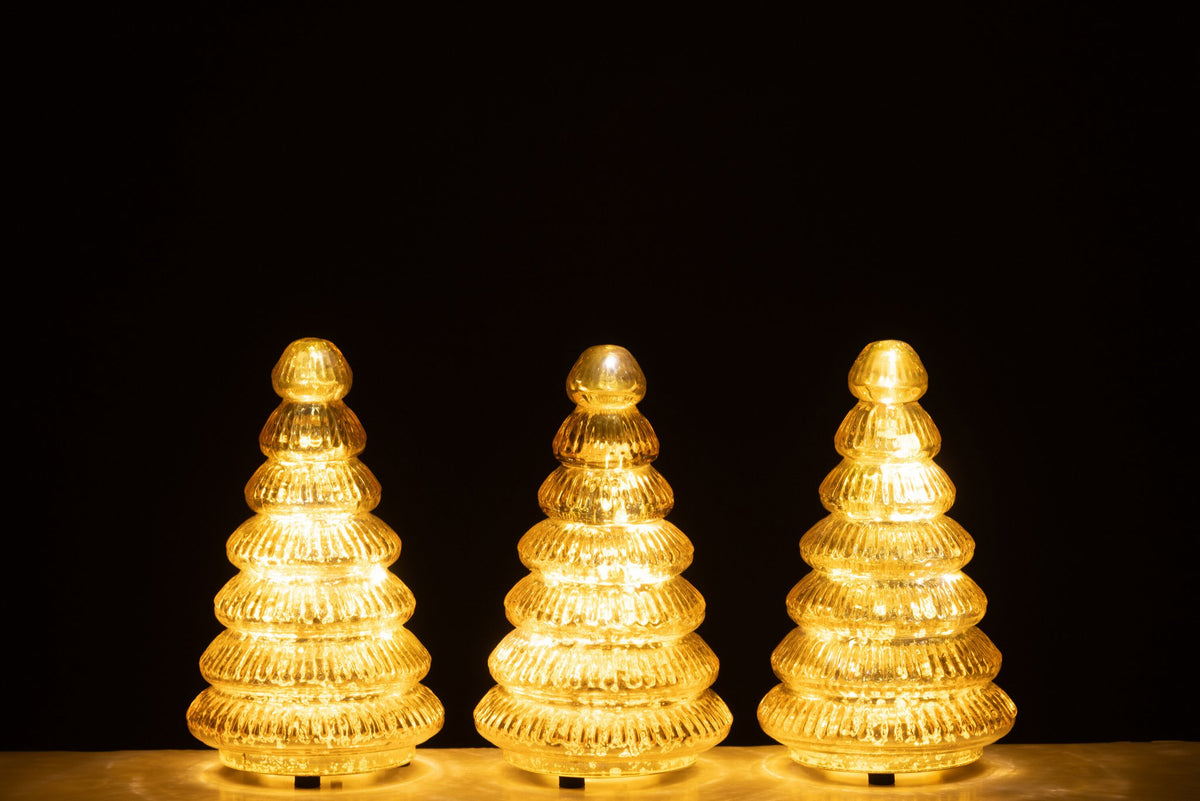 J-Line decoratie Boom Geribbeld - glas - goud - set van 3 - LED
