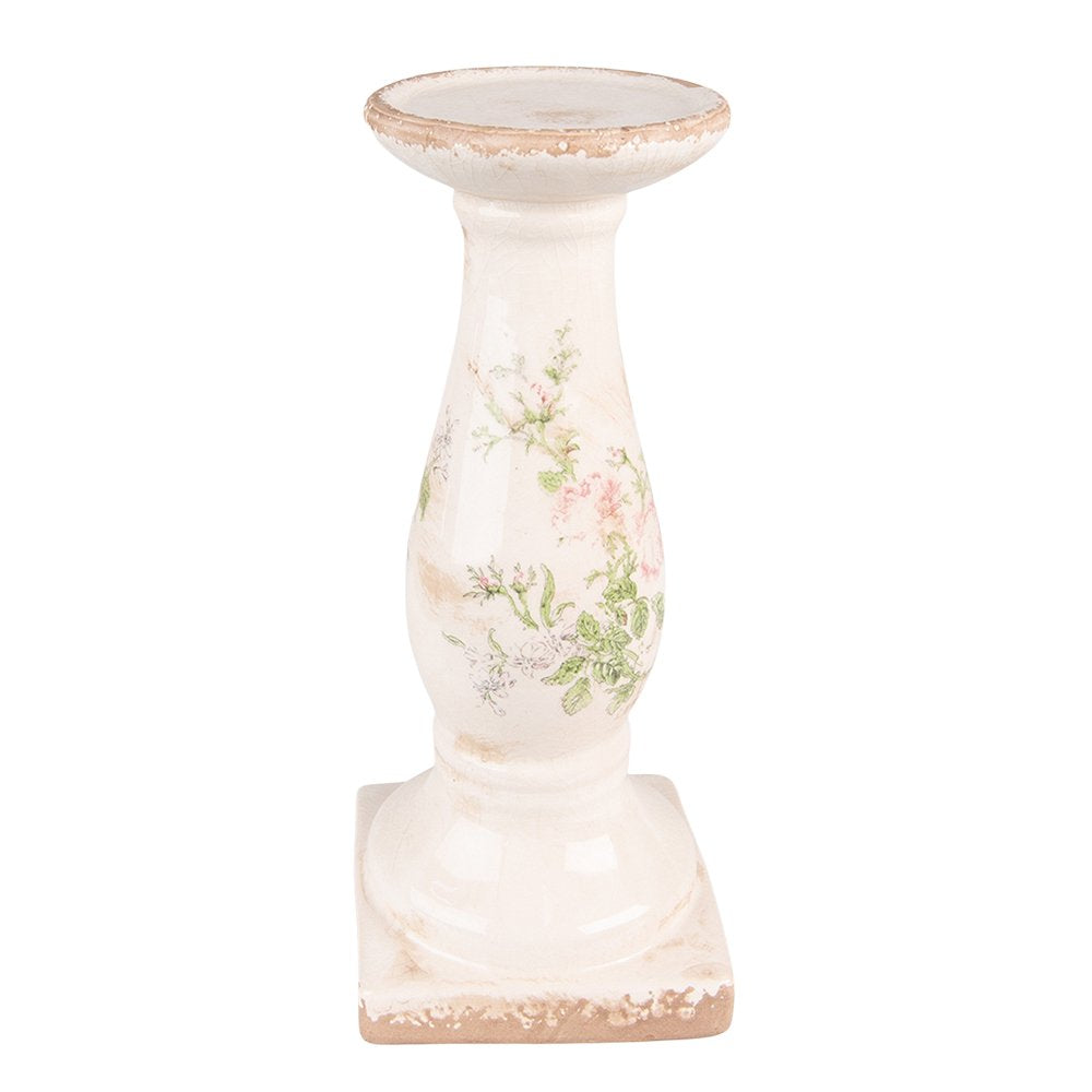 Kandelaar 30 cm Roze Beige Keramiek Bloemen Kaarsenstandaard