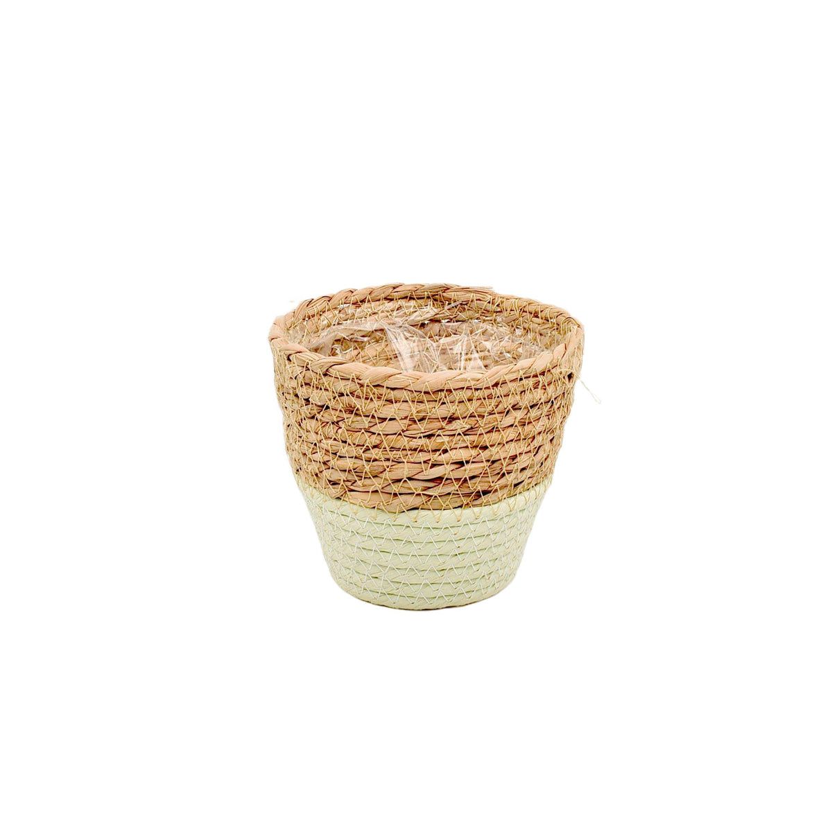 Stro mand met plastic 11x14/8cm naturel/licht groen