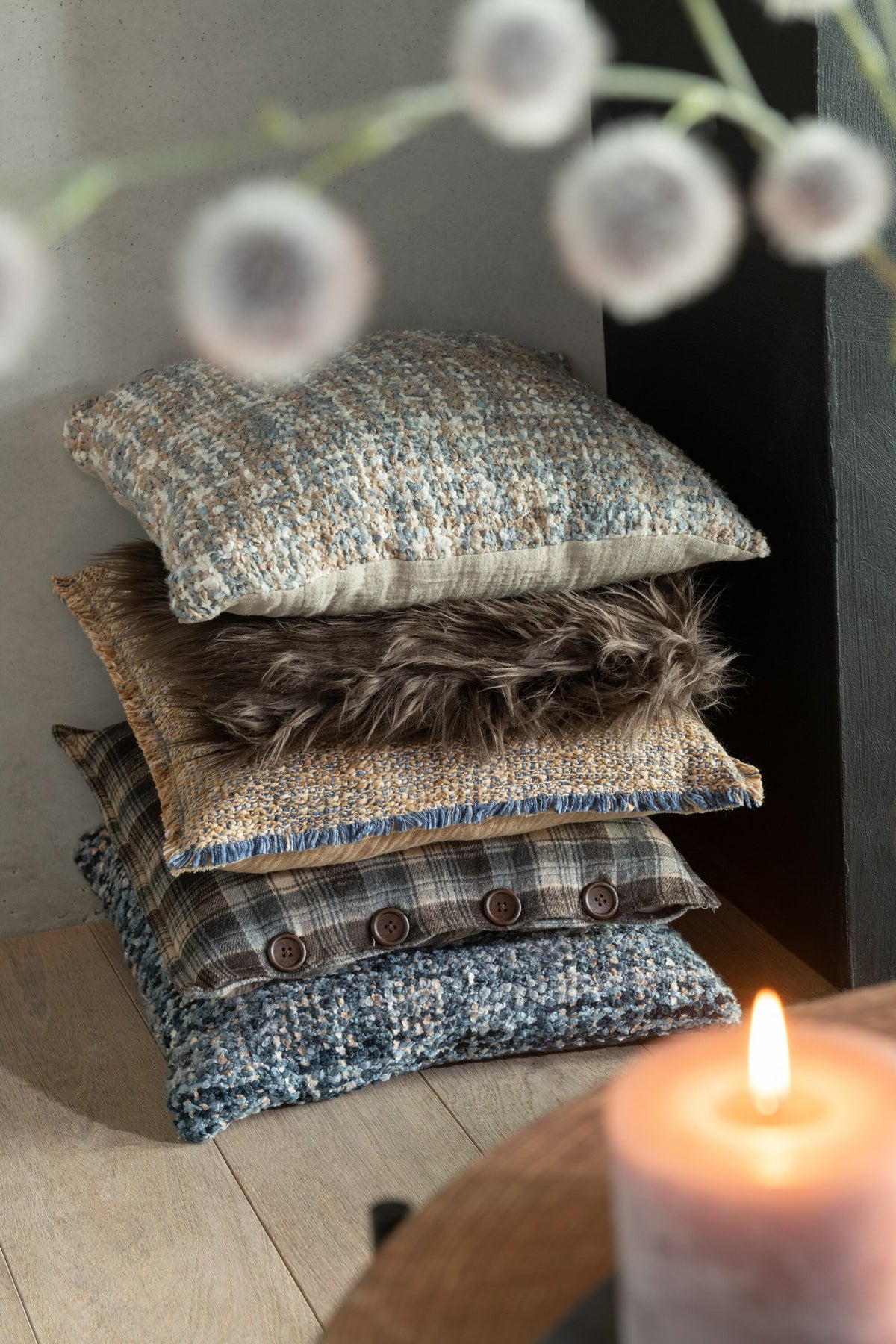 J-Line Kussen Tweed Pol/Katoen Blauw/Wit