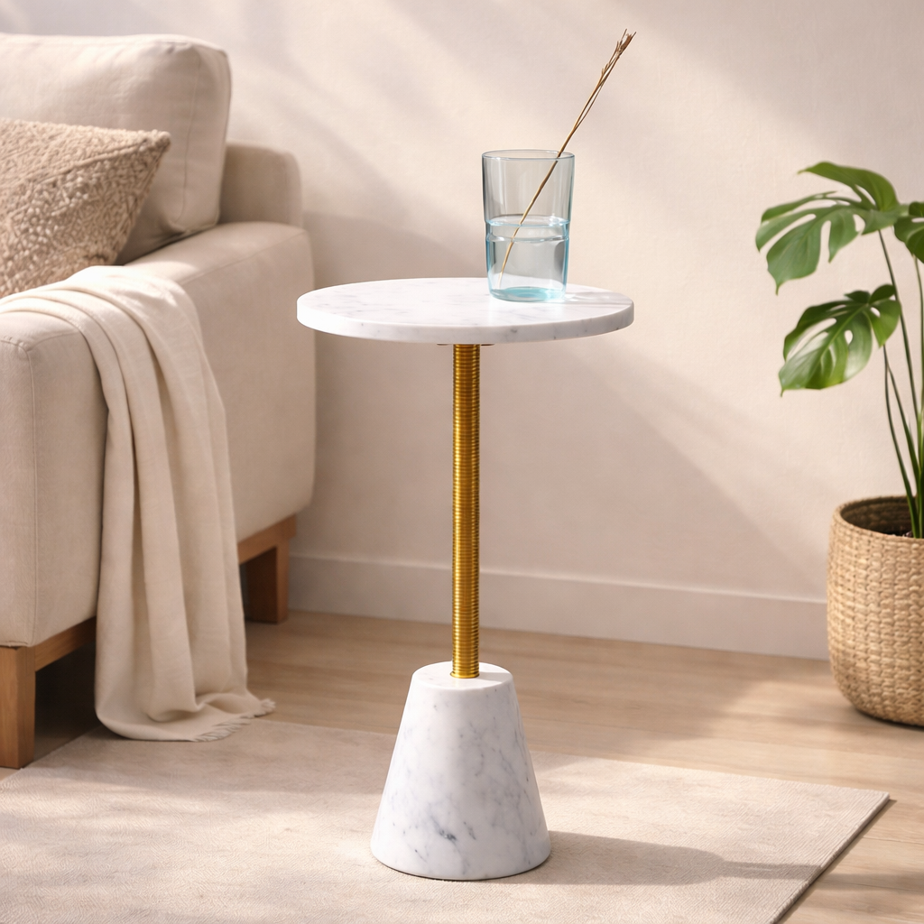 Marmeren Accenttafel - Gouden Afwerking - Sculpturale Kegelbasis