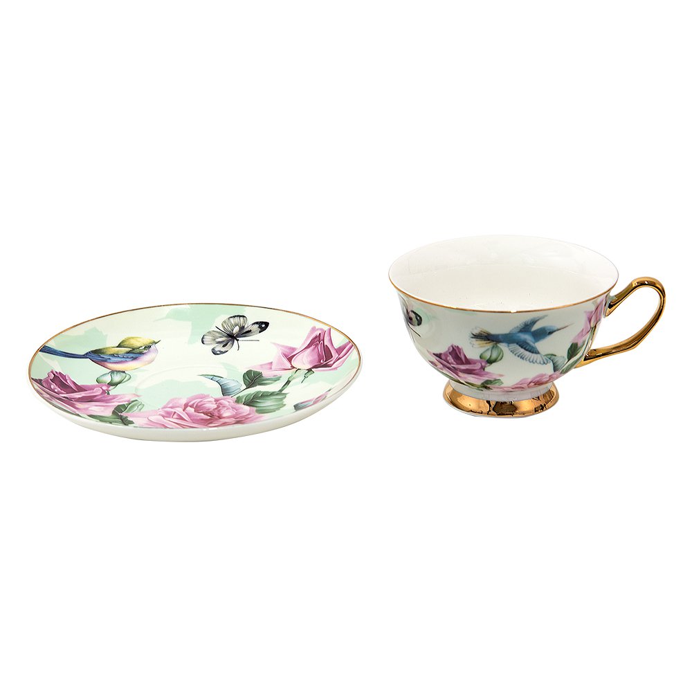 Kop en Schotel 200 ml Groen Porselein Bloemen Servies