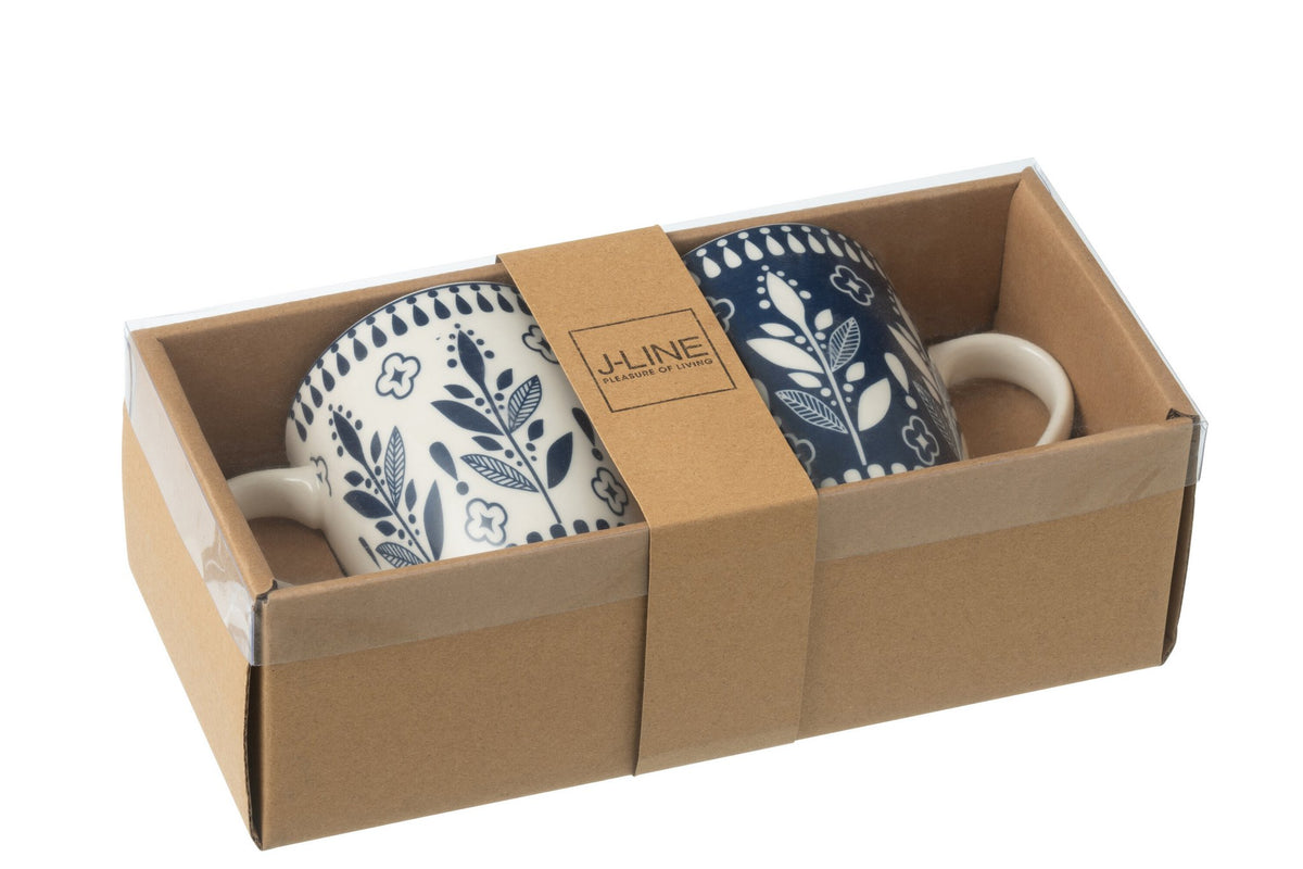 J-Line Doos 2 Mokken Bladeren Keramiek Donkerblauw