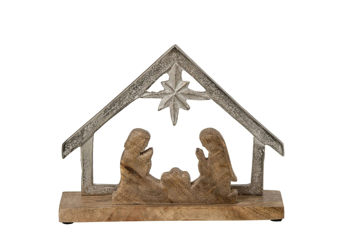 J-Line Kerststal op voet - mangohout - gebroken wit/naturel - small