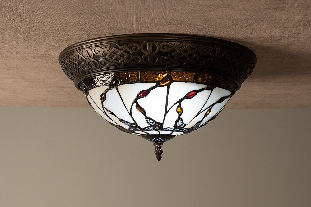 Plafondlamp Tiffany Ø 38x19 cm Beige Bruin Glas Vlinder Plafonniere