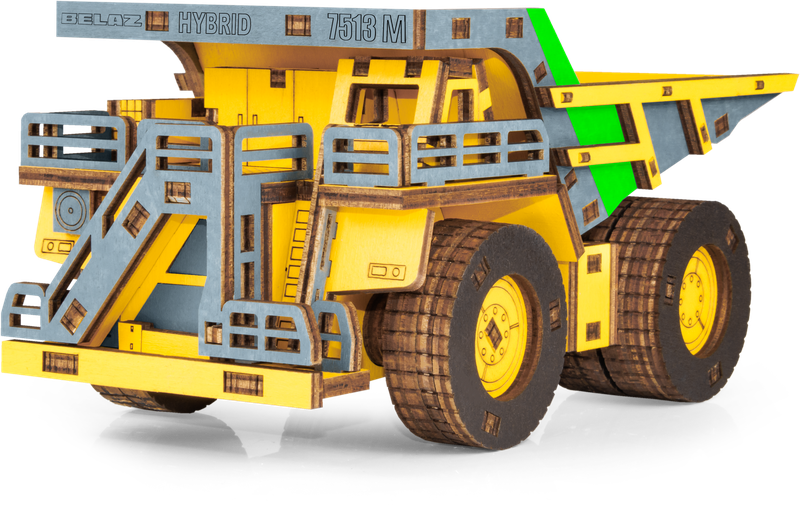 Eco Wood Art (EWA) 3D Mechanische Houten Puzzel, Hybrid Mining Dump Truck Belaz-7513M, 4233, Kleur Geel, 18x9x10cm