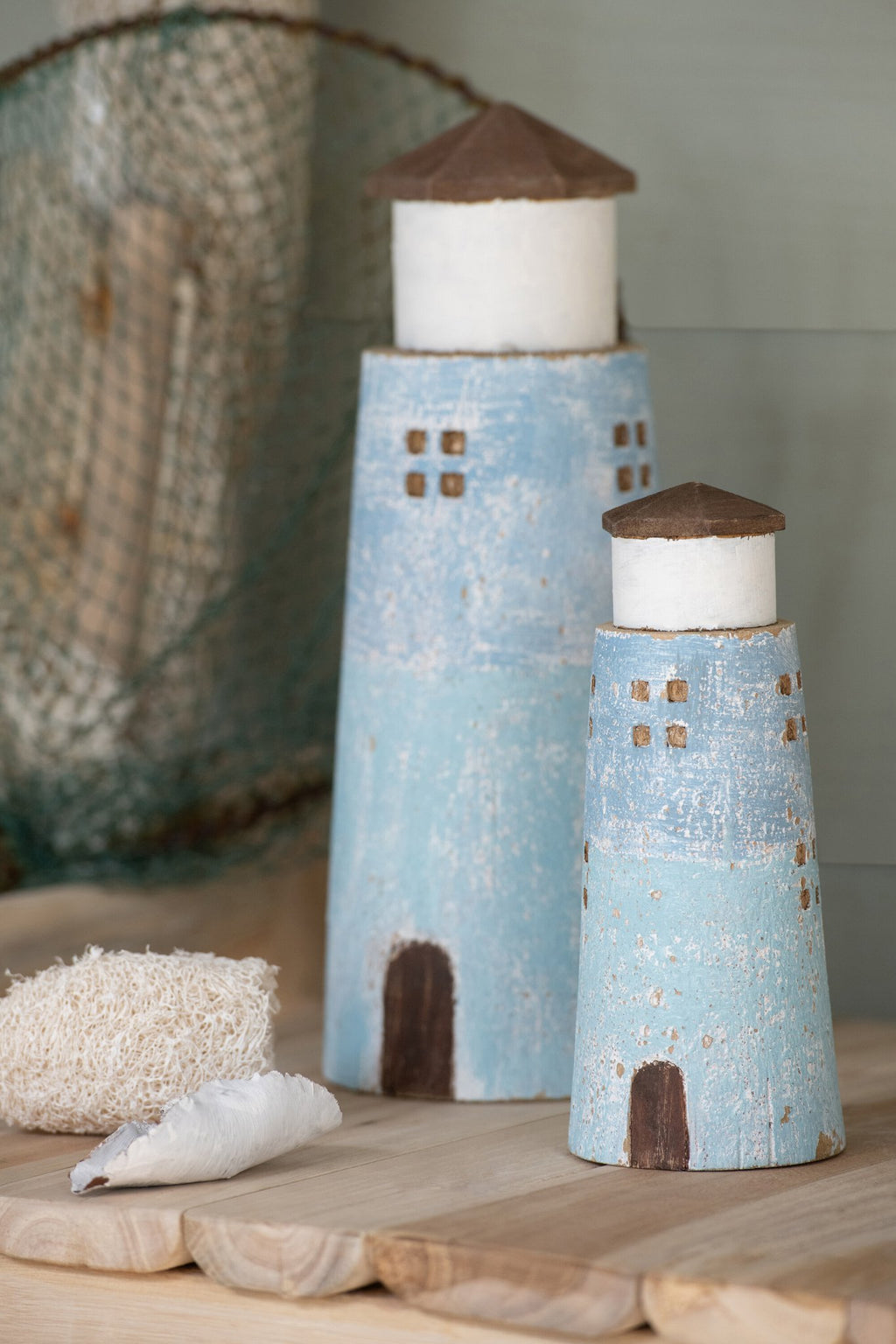 J-Line decoratie Vuurtoren - hout - naturel/lichtblauw - S