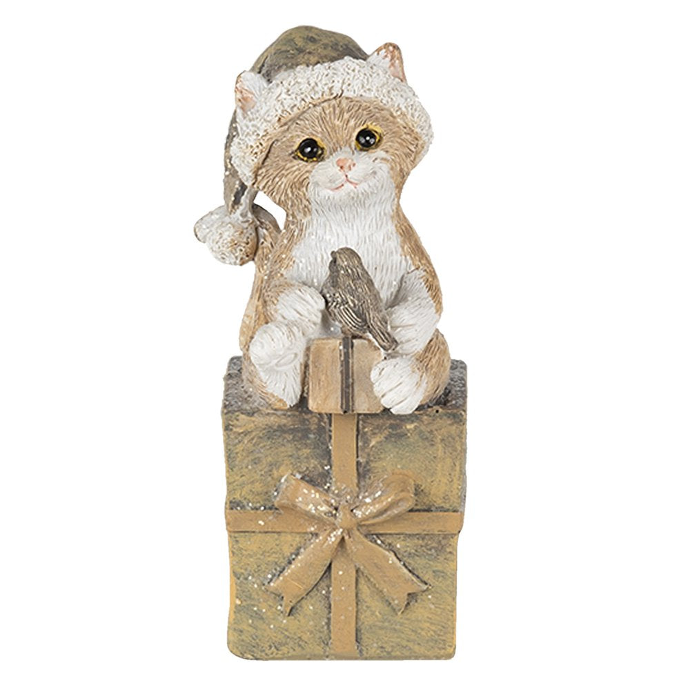Beeld Kat 5x4x10 cm Bruin Wit Kunststof Kerstdecoratie