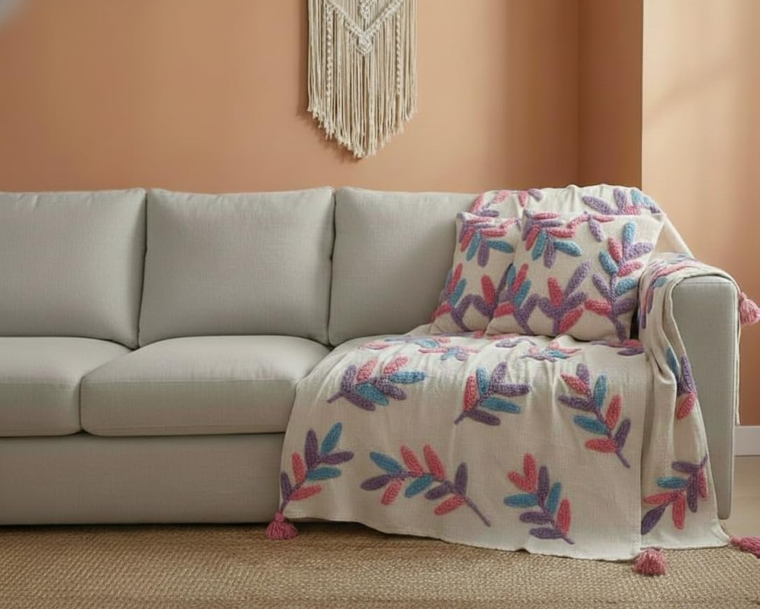 Set bankspreien en kussenslopen – combinatie van huishoudtextiel – handgetuft katoen – 3-delig: plaid van 50x60, hoezen van 16x16