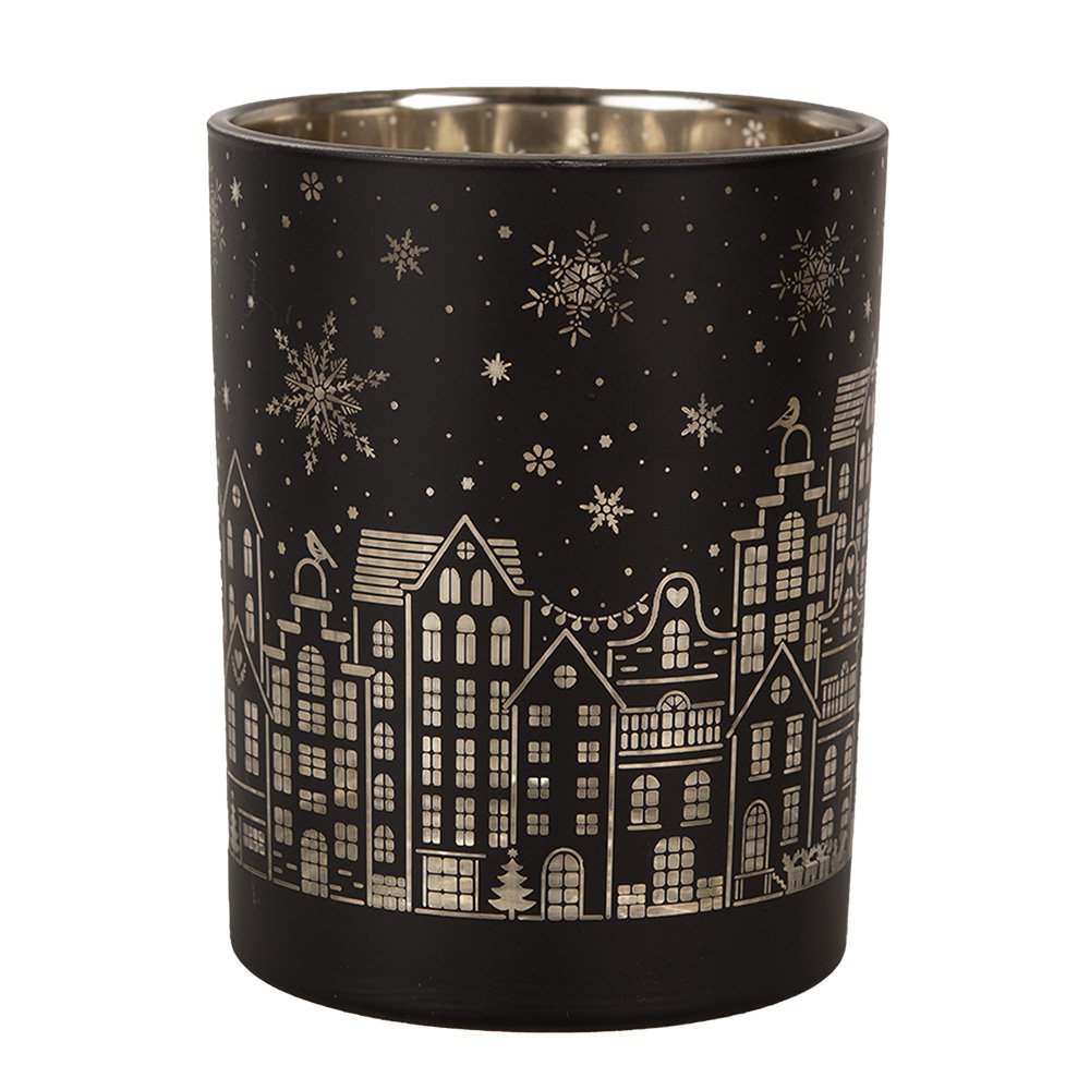 Theelichthouder Set van 2 Ø 9x10 / Ø 10x12 cm Zwart Glas Huizen Waxinelichthouder