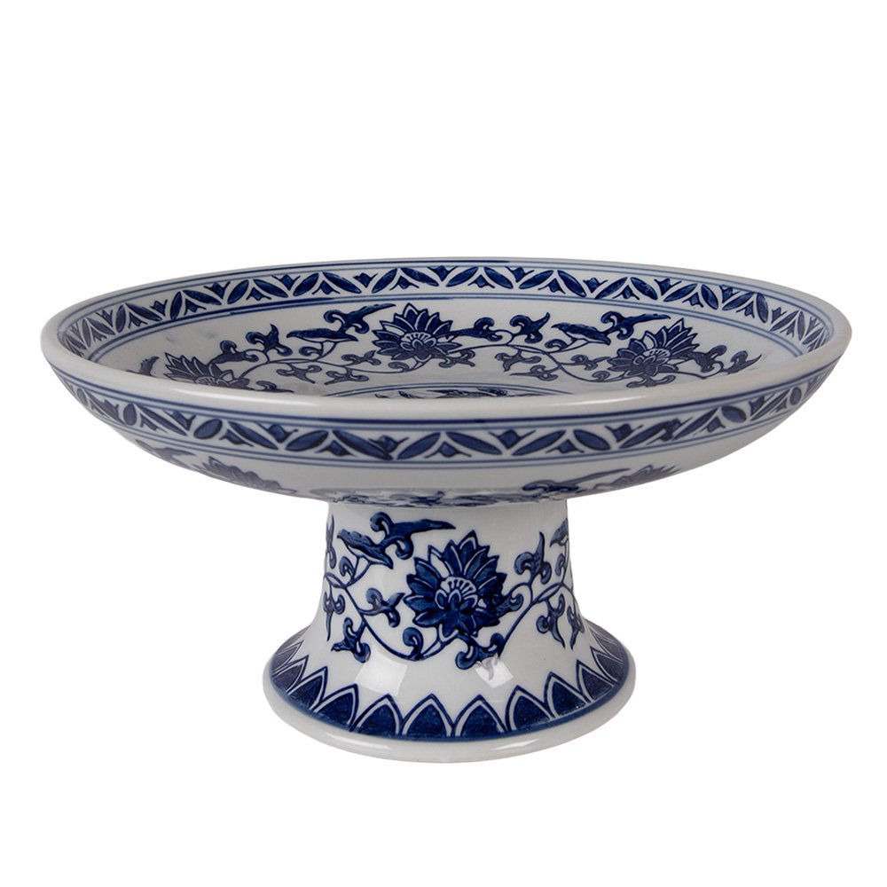 Taartplateau op Voet Ø 26x13 cm Wit Blauw Porselein