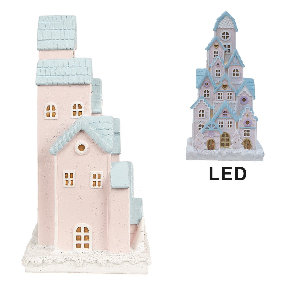 Gingerbread house met LED 13x13x26 cm Roze Polyresin Peperkoekhuisje