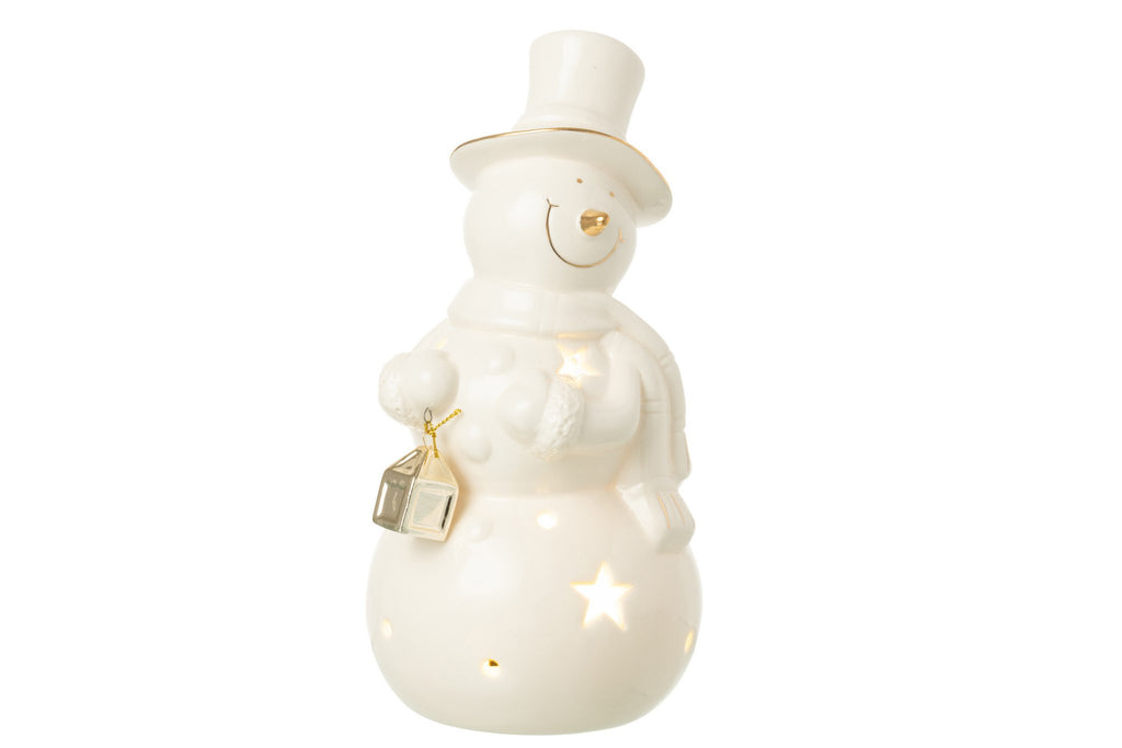 J-Line figuur Sneeuwman - porselein - ecru - L - LED lichtjes