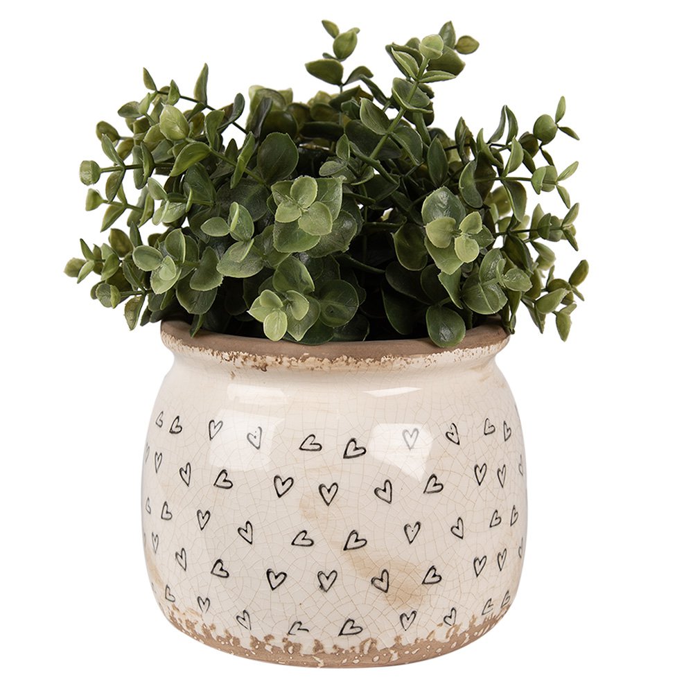 Bloempot Ø 16x13 cm Beige Zwart Keramiek Hartjes Bloempot Binnen