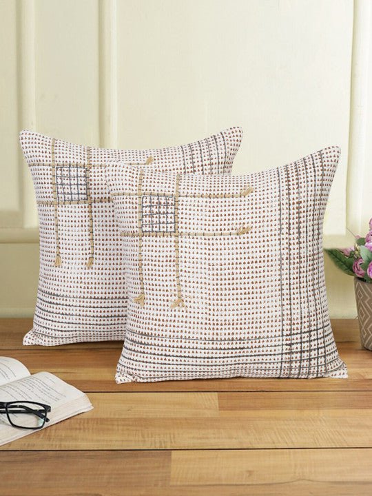 Set van 2 - Kussenhoezen met geometrisch patroon – Duurzame katoenen stof – Gebroken wit en bruin – 45x45 cm