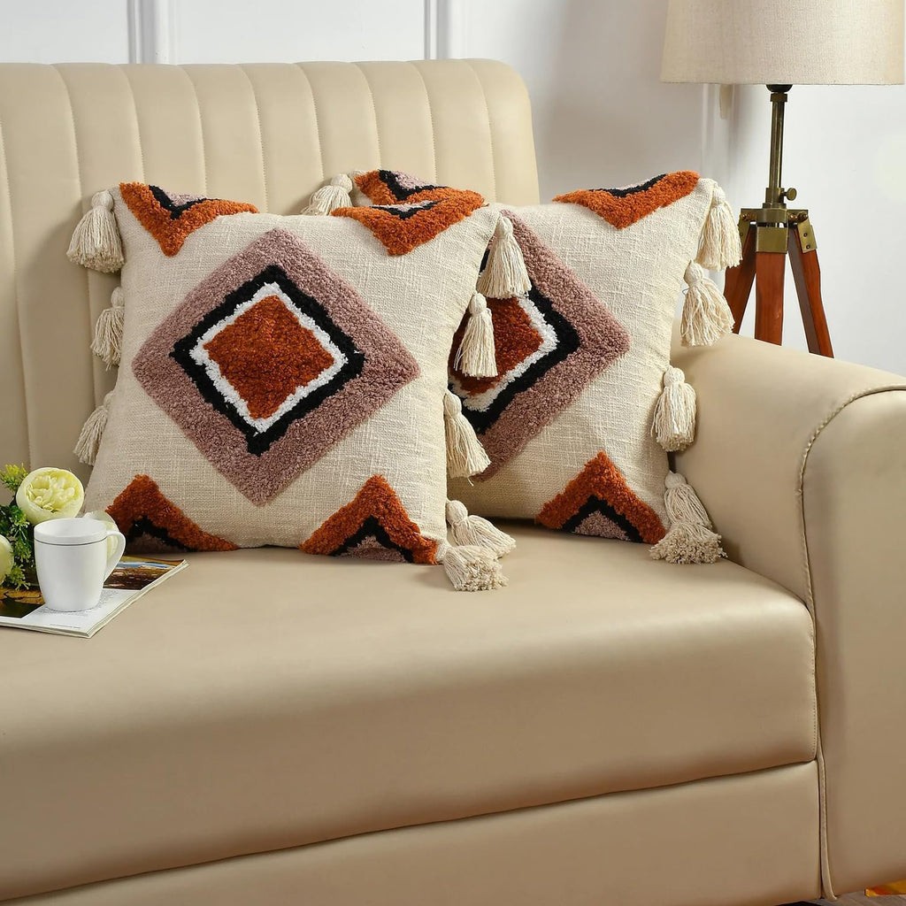 Geometrische getufte decoratieve kussenhoes - 100% katoen - set van 2 stuks