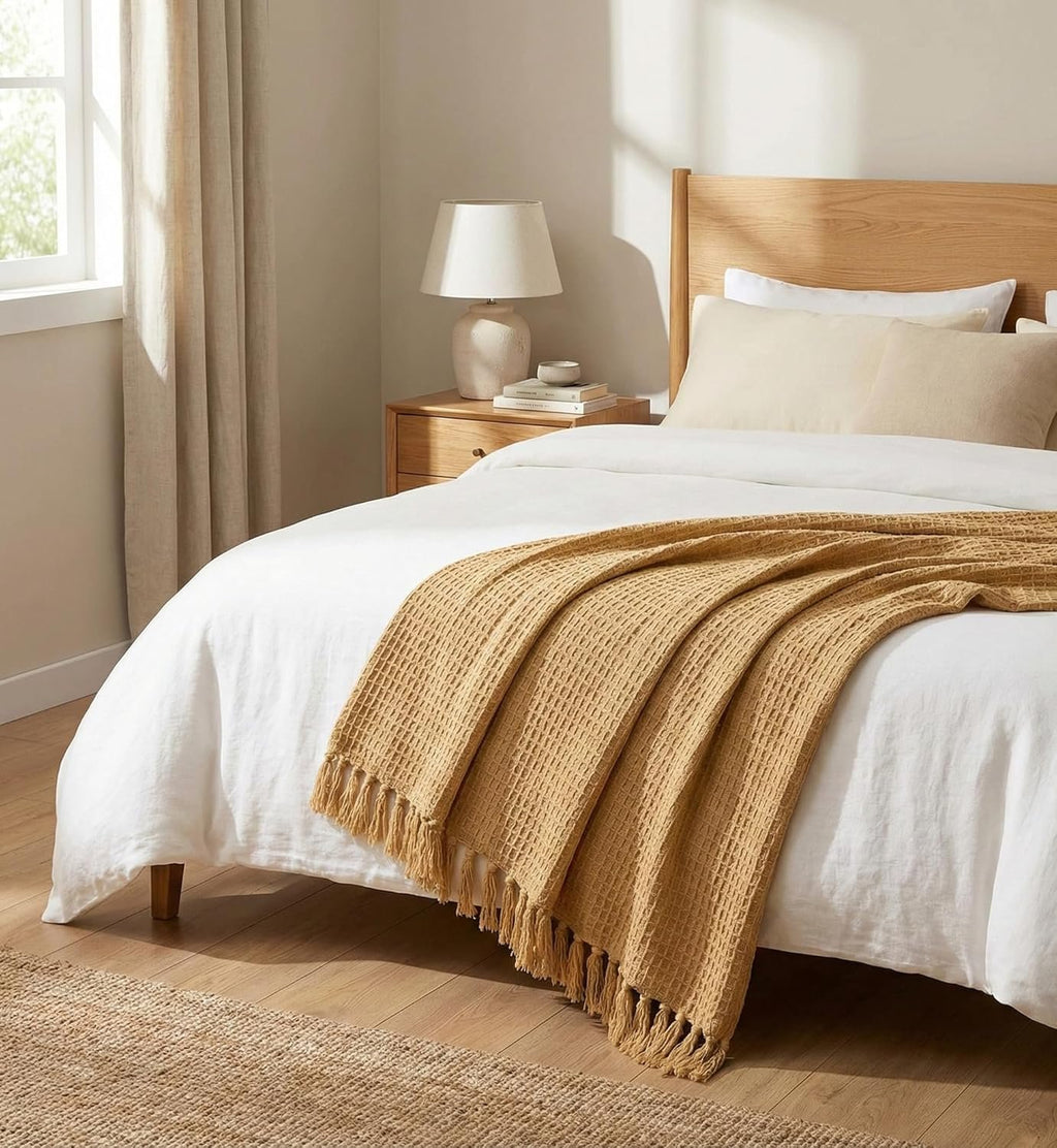Wafelgebreid deken – decoratieve banksprei – katoenen kwastjesdesign – 127x152 cm beige