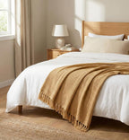 Wafelgebreid deken – decoratieve banksprei – katoenen kwastjesdesign – 127x152 cm beige
