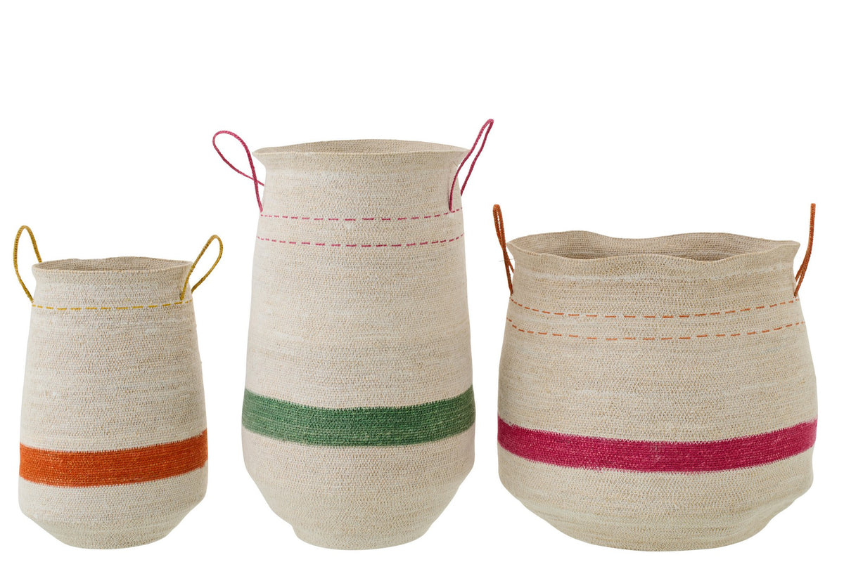 J-Line mand Met Handvat Gestreept - zeegras - mix - set van 3