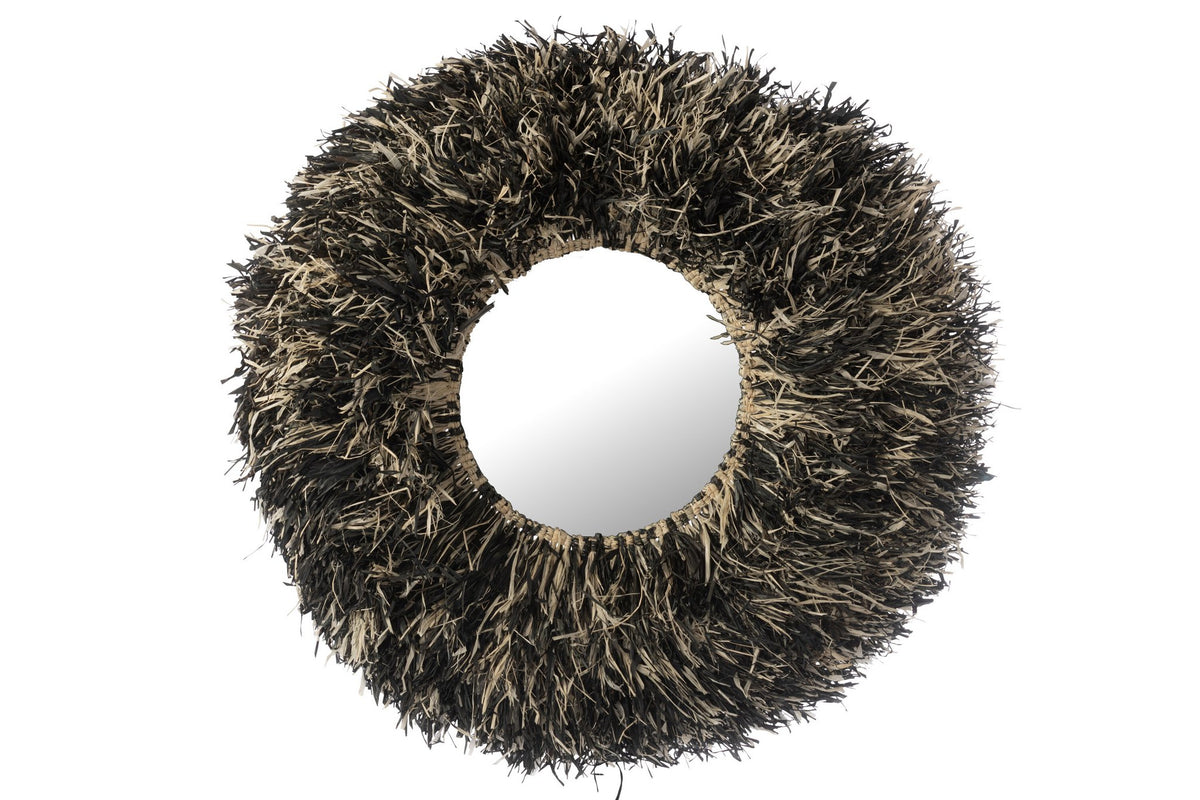 J-Line spiegel Rond Sisal - riet - zwart/wit