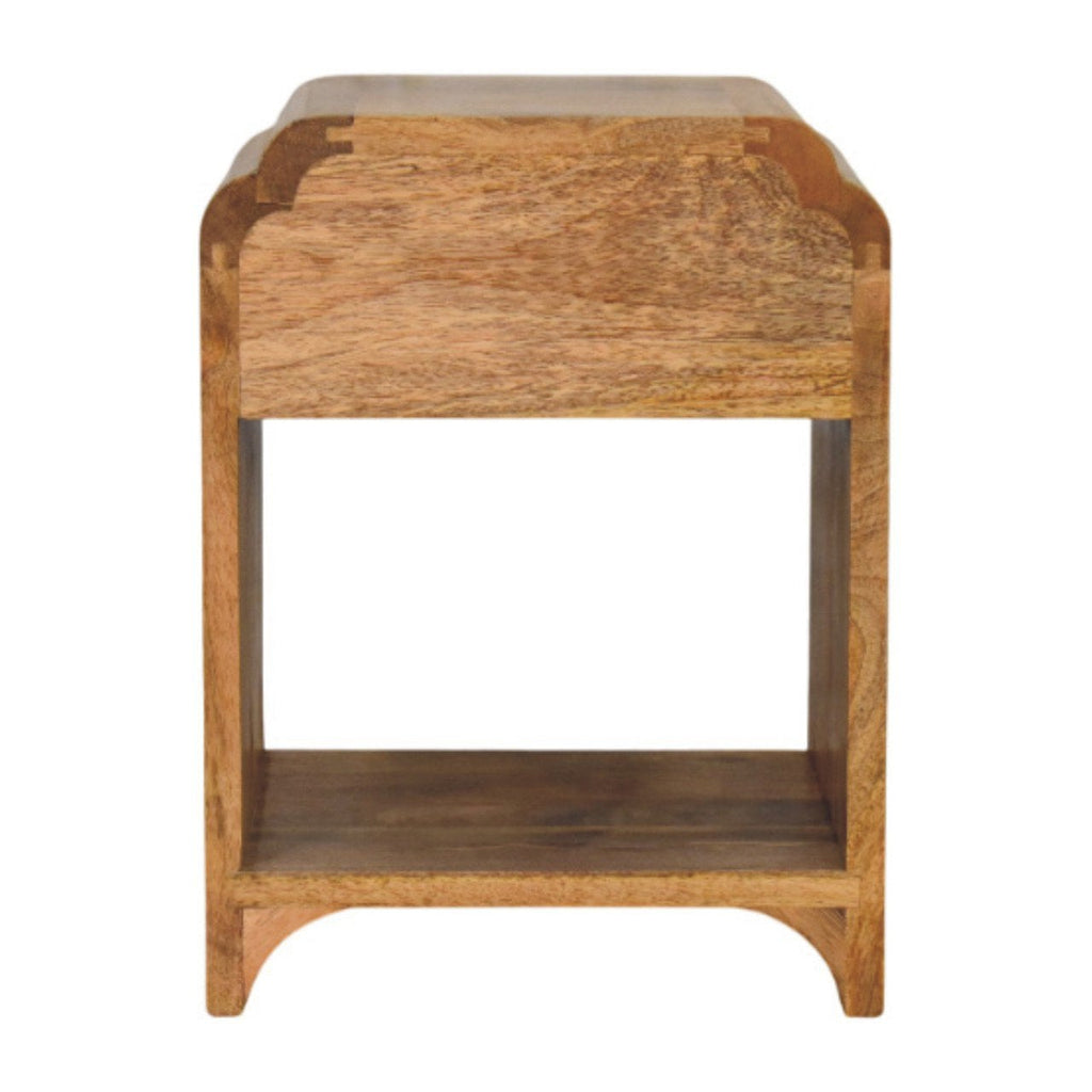 Massief houten Newton mini-nachtkastje in eikenhout, 1 lade en open plank, beige