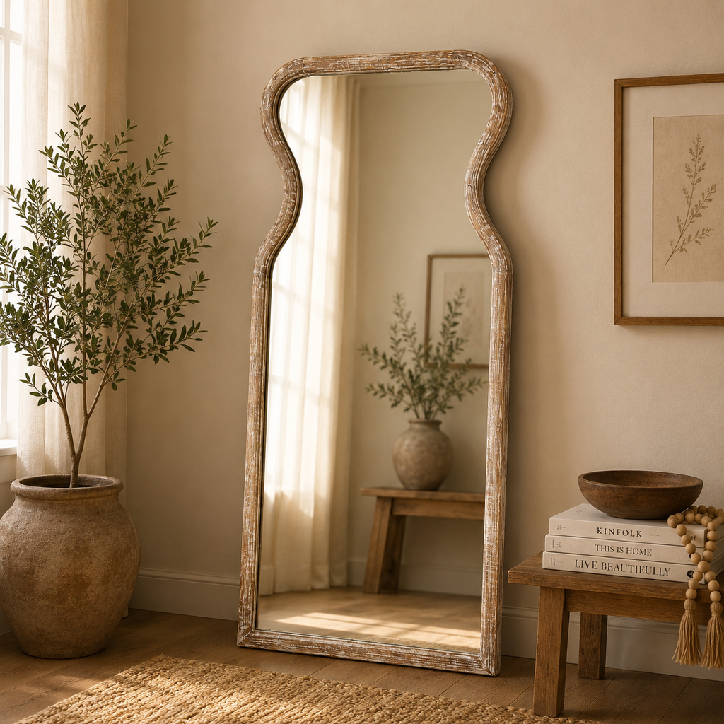 Wandspiegel met gebogen hals in antiek wit mangohouten frame