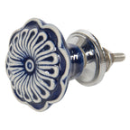 Deurknop Ø 4 cm blauz met Keramiek Bloem Meubelknop