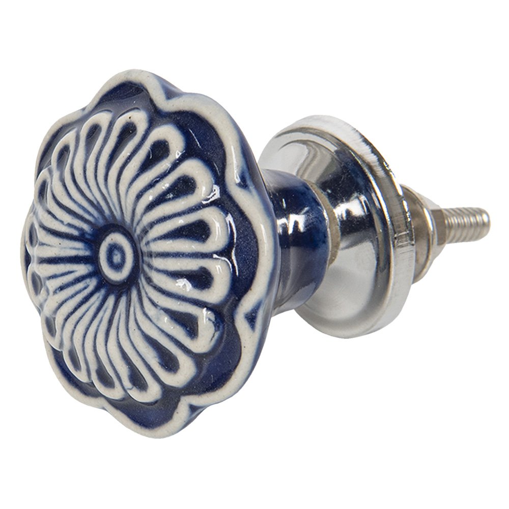Deurknop Ø 4 cm blauz met Keramiek Bloem Meubelknop