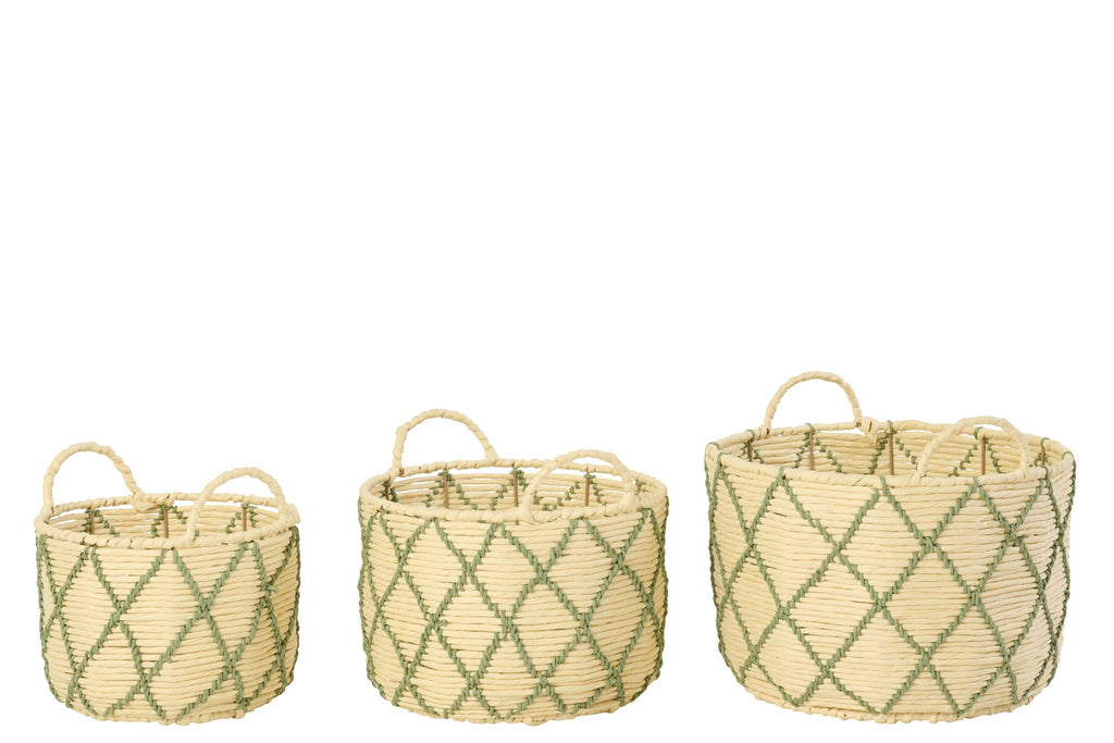 J-Line mand met handvat Rond Geruit - ijzer - naturel - set van 3