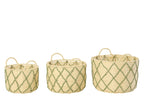 J-Line mand met handvat Rond Geruit - ijzer - naturel - set van 3