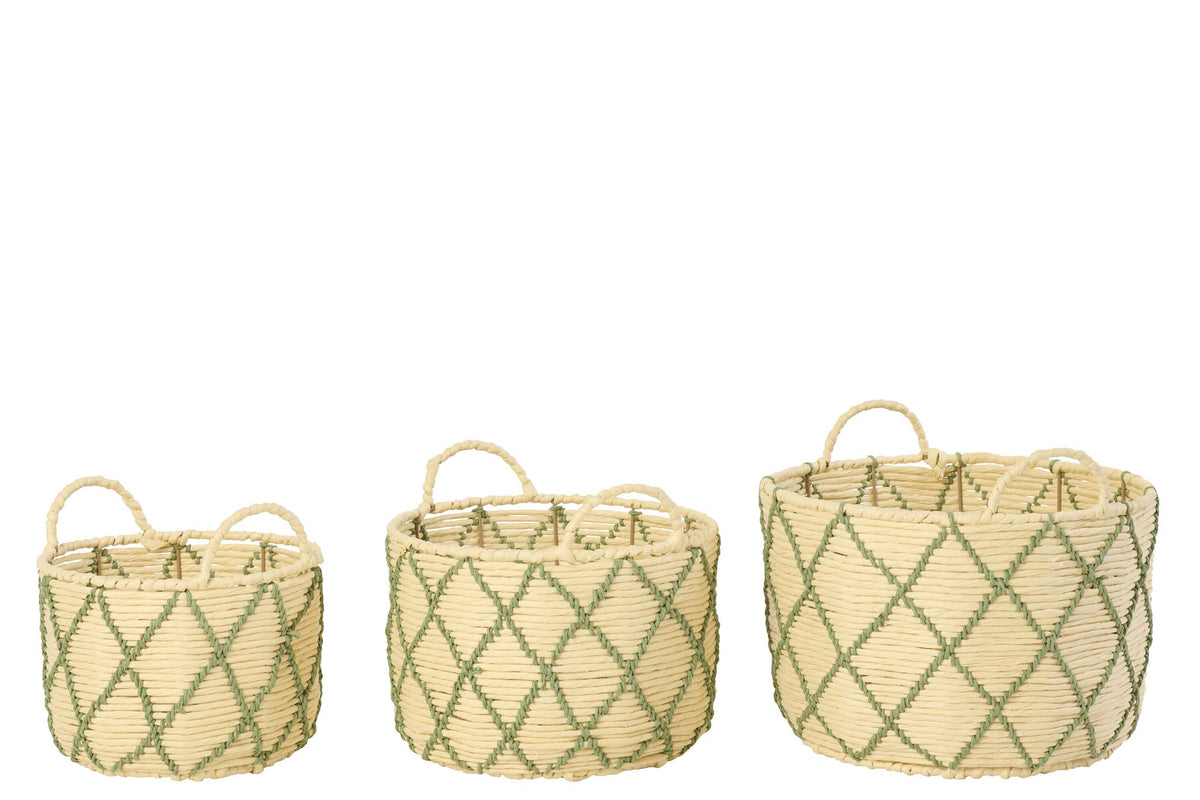 J-Line mand met handvat Rond Geruit - ijzer - naturel - set van 3