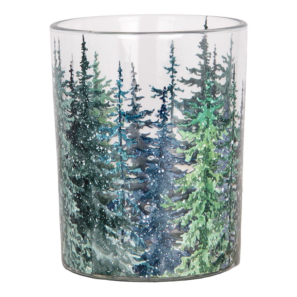 Theelichthouder Set van 2 Ø 7x8 / 10x13 cm Groen Glas Dennenbomen